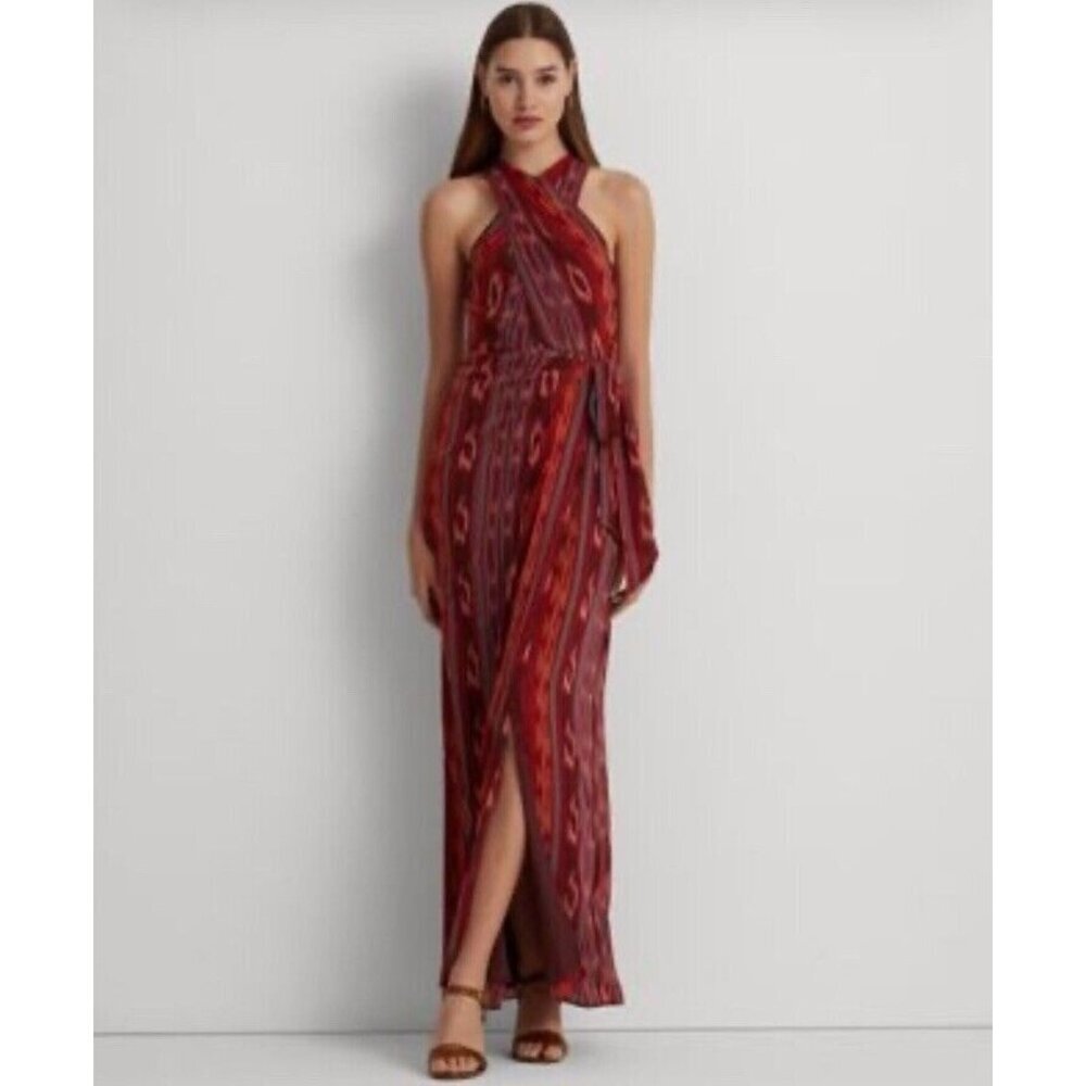 LAUREN Ralph Lauren Women's Red Printed Halter Maxi Dress